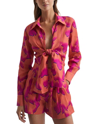 Reiss Corrine Tie Front Floral Linen Shirt In Pink