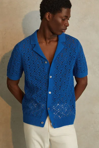 Reiss Corsica - Bright Blue Crochet Cuban Collar Shirt, Xs
