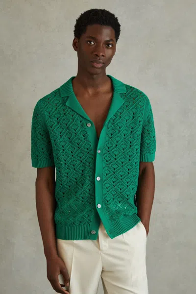Reiss Corsica - Bright Green Crochet Cuban Collar Shirt, L