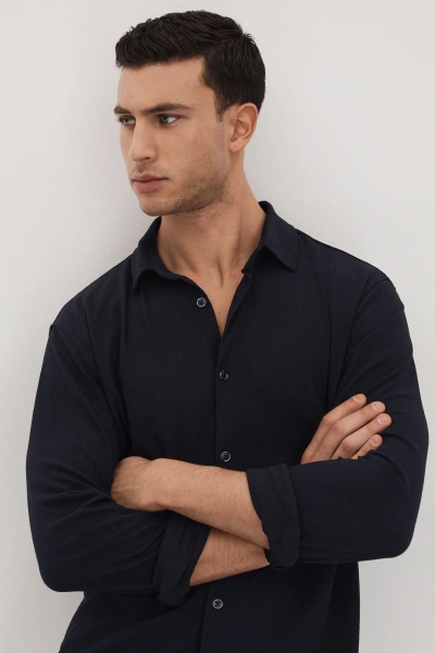 Reiss Navy Textured Button-through Shirt