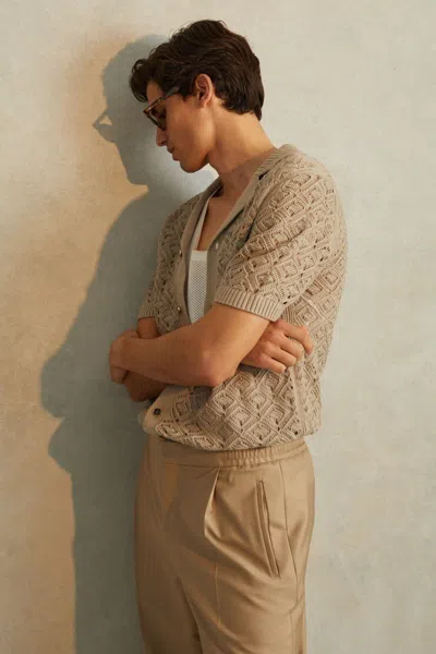 Reiss Stone Corsica Crochet Cuban Collar Shirt In Stone