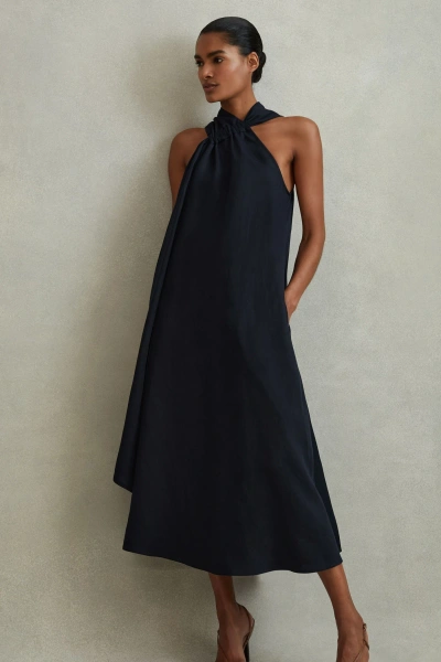 Reiss Cosette - Navy Linen Blend Drape Midi Dress, Us 0