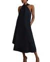 Reiss Navy Cosette Linen Blend Drape Midi Dress In Navy