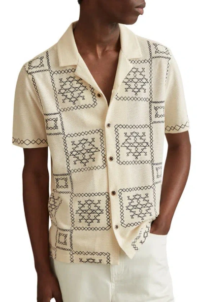 Reiss Cosmos - Ecru/navy Textured Embroidered Cuban Collar Shirt, M