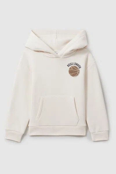 Reiss Kids' Cottle - Off White Relaxed Embroidered Basketball Hoodie, Uk 13-14 Yrs