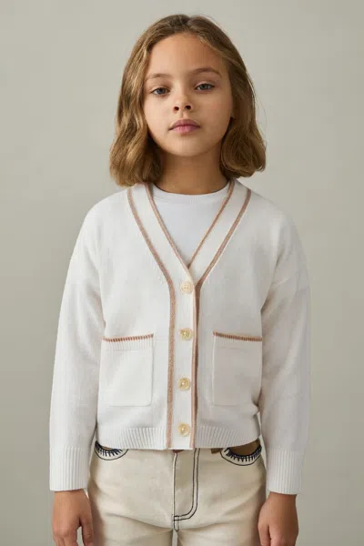 Reiss Cream 4-9 Yrs Wool-blend Stripe-detail Cardigan With Cashmere