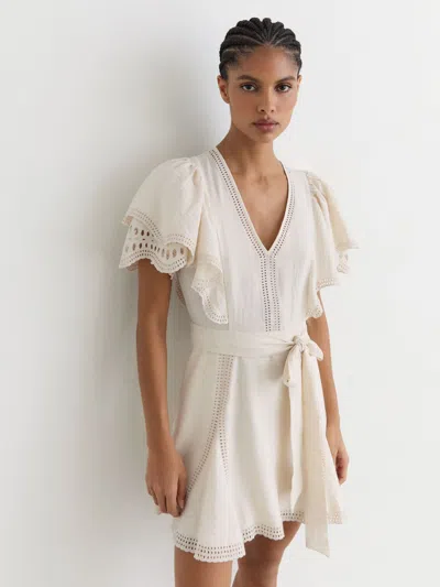 Reiss Cream Broderie Anglaise Belted Flippy Dress In White