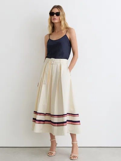 Reiss Cream Cotton Stripe-detail Belted Midi Skirt In White