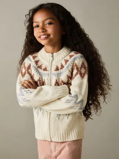 Reiss Cream Ella 9-13 Yrs Zipped Fairisle Pattern Cardigan With Wool And Cashmere