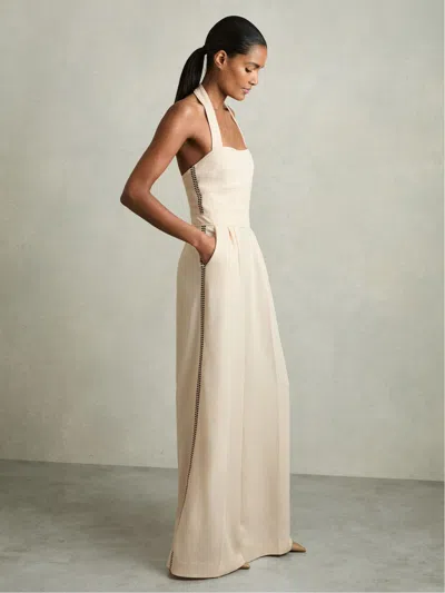 REISS REISS CREAM VIOLA EMBROIDERY HALTERNECK WIDE-LEG JUMPSUIT