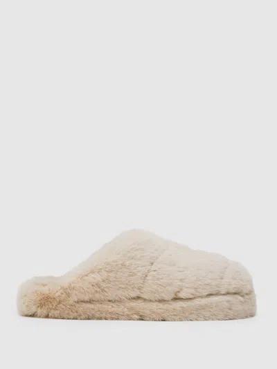 Reiss Cream Faux Fur Slippers In Brown