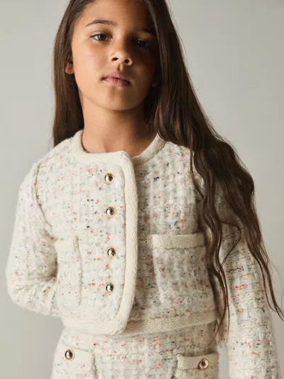 Reiss Cream Felicity 9-13 Yrs Tweed-effect Knitted Jacket With Merino