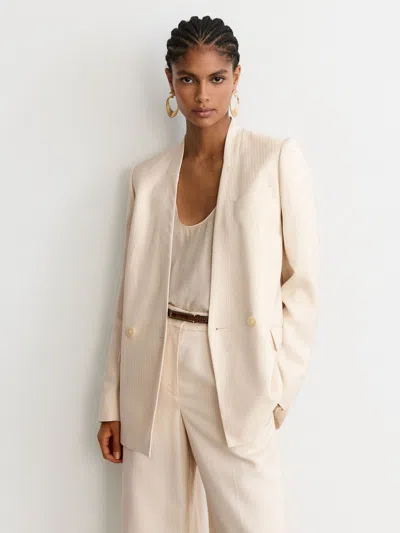 Reiss Cream Jacquard-stripe Collarless Double-breasted Blazer In Neutral