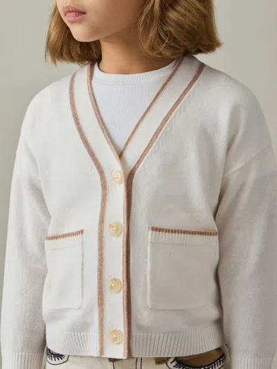 Reiss Cream Juni 9-13 Yrs Wool-blend Stripe-detail Cardigan With Cashmere