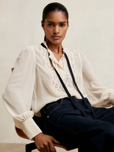 Reiss Cream Lace-embroidered Tie-neck Shirt In White