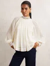 Reiss Cream Lace-trim Draped Chiffon Top In Neutral