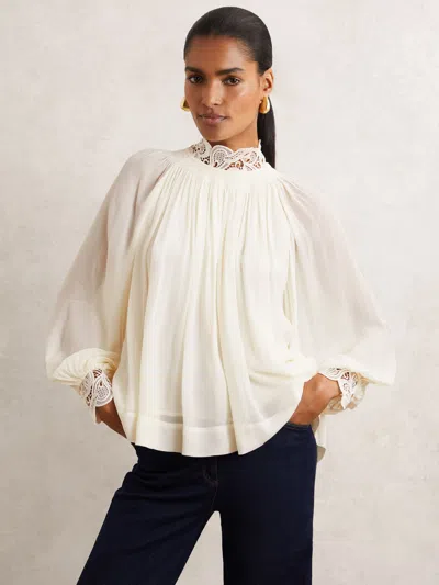 Reiss Cream Lace-trim Draped Chiffon Top In Neutral