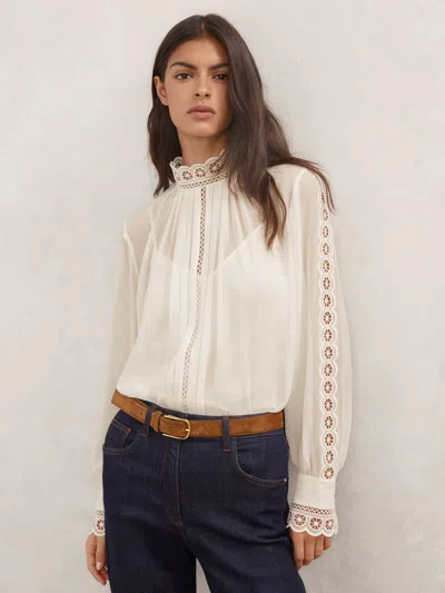 Reiss Cream Lace-trim Sheer Blouse In Neutral