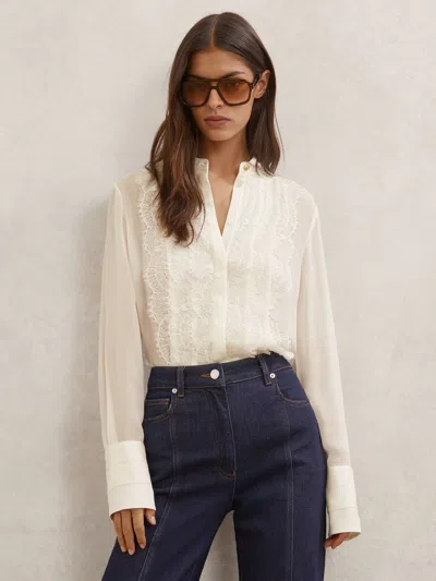 Reiss Cream Lace-trim Sheer Button-through Blouse In Neutral