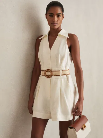 Reiss Cream Linen Belted Collar Playsuit In Neutral