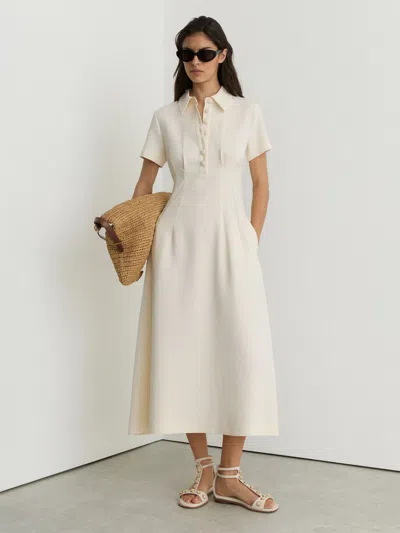 Reiss Cream Petite Button-neck Short-sleeve Midi Dress In White