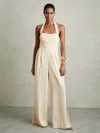 Reiss Cream Petite Embroidery Halterneck Wide-leg Jumpsuit In White
