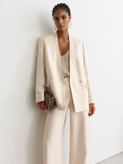 Reiss Cream Petite Jacquard-stripe Collarless Double-breasted Blazer In Neutral