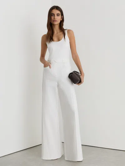Reiss Cream Petite Wide-leg Racer-back Denim Jumpsuit In White