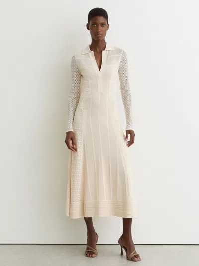 Reiss Cream Pointelle-knit Panelled Midi Dress In Neutral