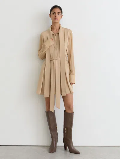 Reiss Cream Tie-neck Belted Mini Dress