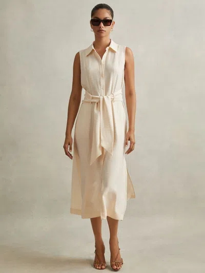 Reiss Cream Viscose Blend Belted Shirt Dress In White