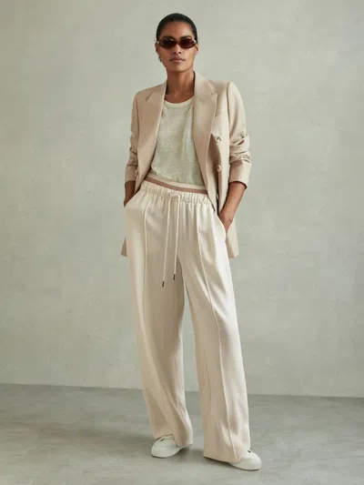 Reiss Cream Waistband Detail Wide Leg Trousers In White