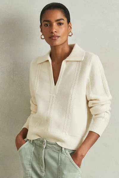 Reiss Cream Wool-cashmere Cropped Open-collar Jumper In Cream
