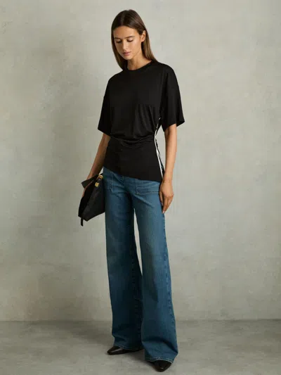 Reiss Cream/black Draped Crew-neck T-shirt With Cotton