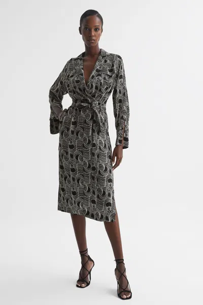 Reiss Cream/black Swirl Print Midi Dress