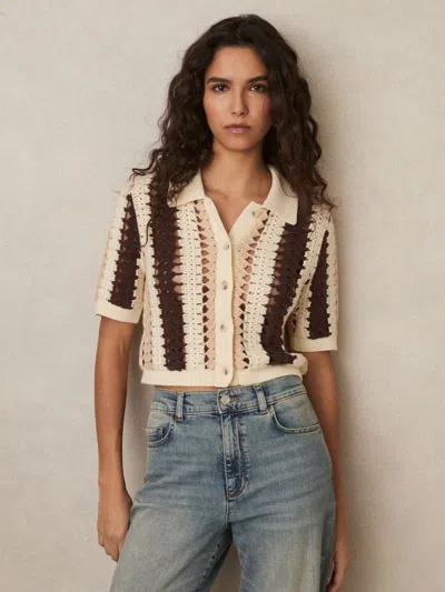 Reiss Cream/brown Cotton Crochet Striped Shirt In Multi