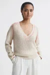 Reiss Cream/nude Vale Wool Blend Knitted V-neck Jumper In Cream/nude