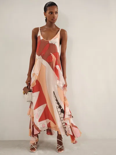 REISS REISS CREAM/RED SASHA PETITE PRINTED RUFFLE TRIM MAXI DRESS