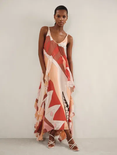 REISS REISS CREAM/RED SASHA PRINTED RUFFLE TRIM MAXI DRESS