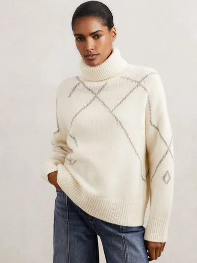 Reiss Cream/taupe Brown Wool-blend Roll-neck Argyle Jumper In White