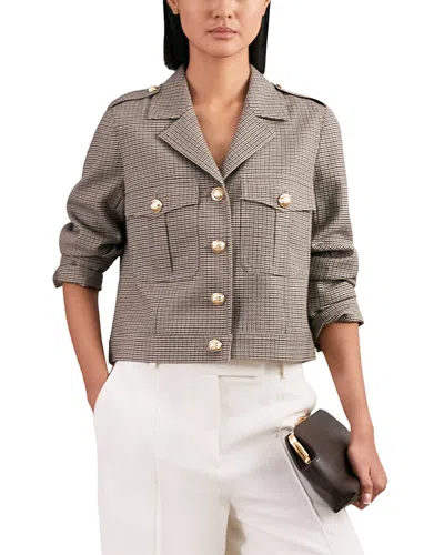 Reiss Cropped Checkered Wool Jacket In Brown
