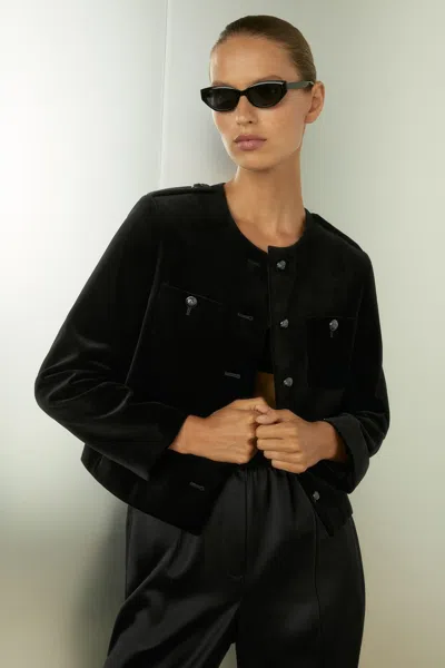 Reiss Viola Velvet Cropped Jacket In Black