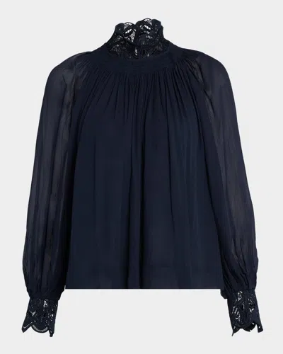 Reiss Czara Guipure Lace-trim Chiffon Blouse In Blue