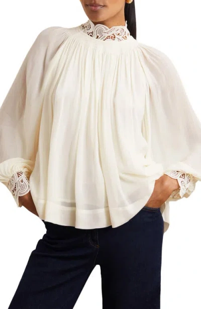 Reiss Czara Lace Accent Smocked Yoke Top In White