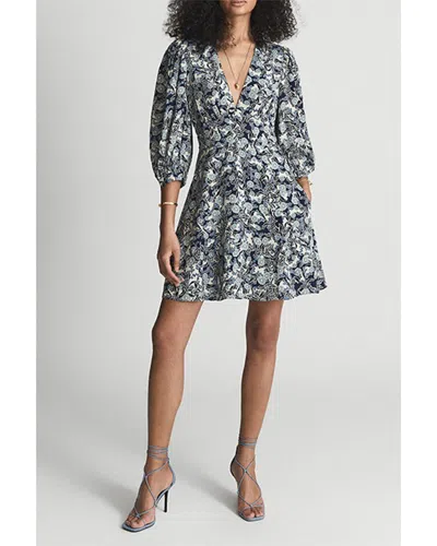 Reiss Daisy Deep V Puff Sleeve Dress In Blue