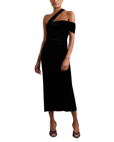 Reiss Dalia Velvet One Shoulder Midi Dress In Black