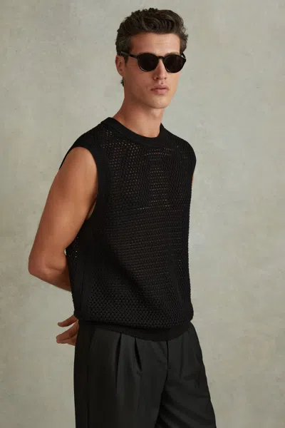 Reiss Dandy - Black Cotton Blend Crochet Vest, Xl