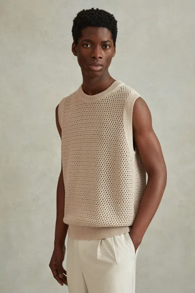 Reiss Dandy - Soft Taupe Cotton Blend Crochet Vest, Xxl