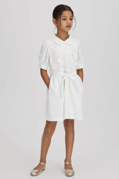 Reiss Kids' Dannie - Ivory Junior Embroidered Puff Sleeve Dress, Age 4-5 Years