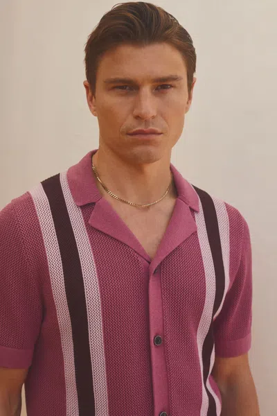 Reiss Pink Multi Danube | Ché Knitted Contrast Stripe Cuban Collar Shirt In Pink Multi